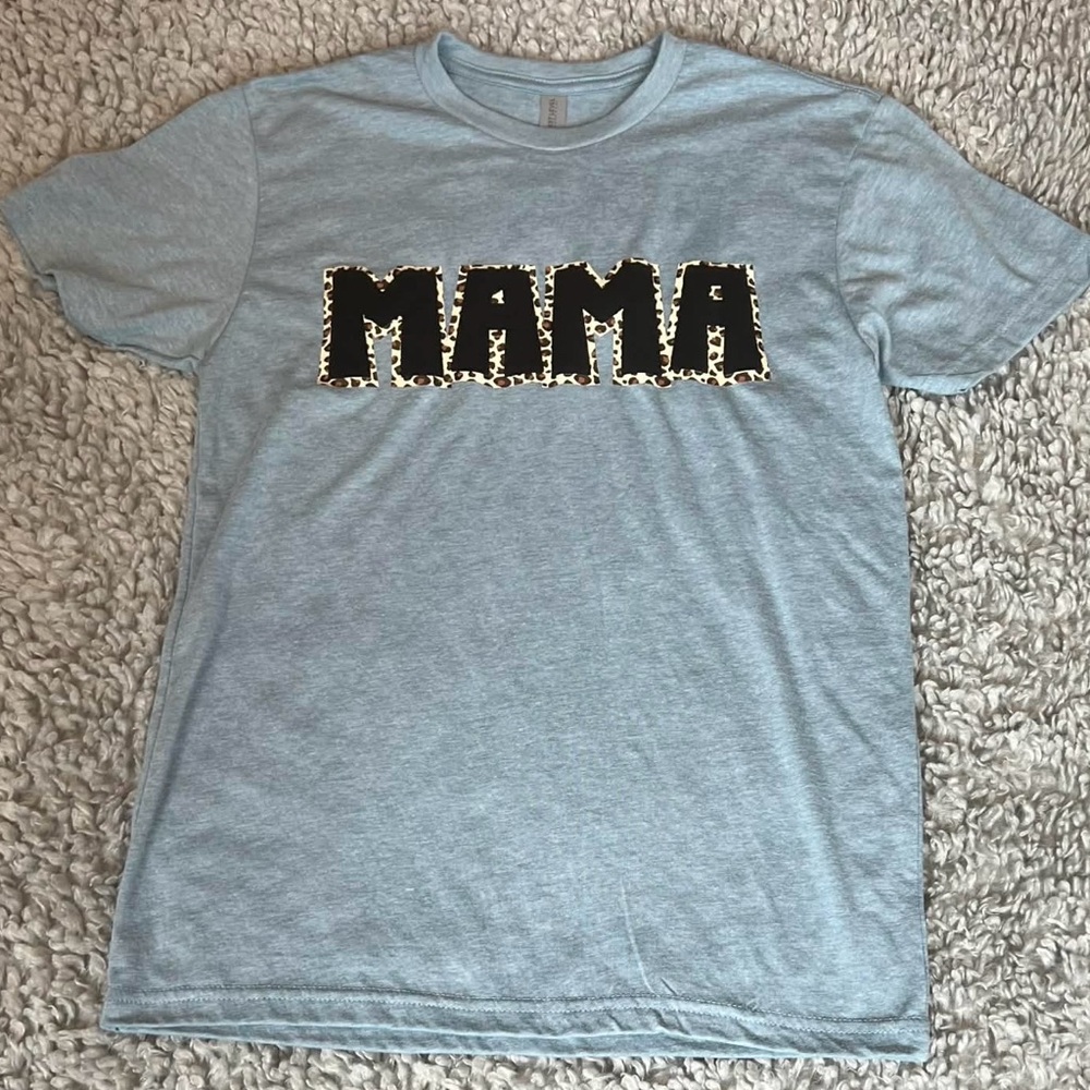 Next Level Apparel Light Blue MAMA in black puff vinyl with leopard print